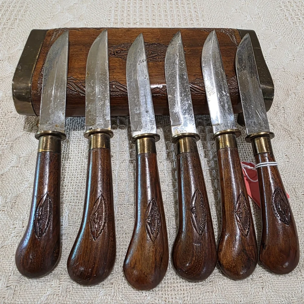 Vintage MCM Ornate Hand Carved Wood Brass INDIA 6 pc Knife Stainless Set Block